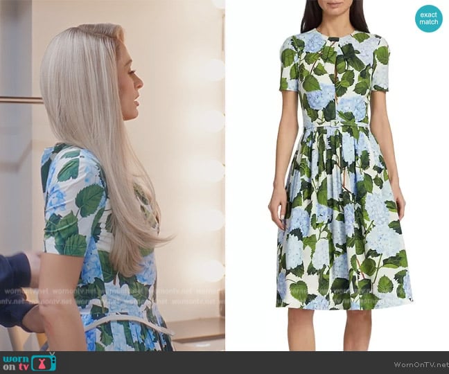 Oscar de La Renta Hydrangea Belted Stretch Poplin Dress worn by Paris Hilton on Paris in Love