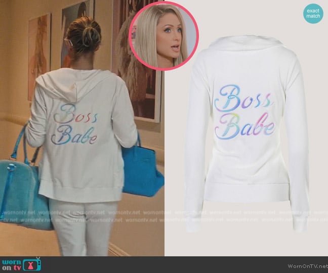 Paris Hilton Tracksuits Hologram Boss Babe Hoodie worn by Paris Hilton on Paris in Love