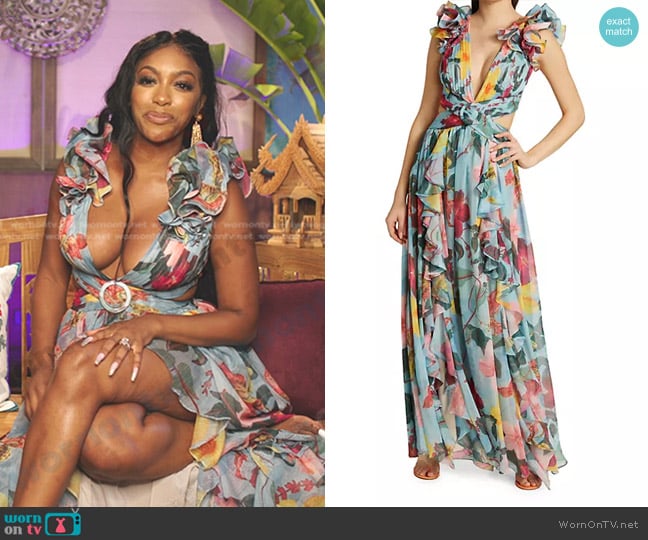 PatBO Hibiscus Flutter Sleeve Maxi Dress in Celeste worn by  on The Real Housewives Ultimate Girls Trip