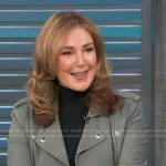 Peri Gilpin’s gray leather moto jacket on Access Hollywood