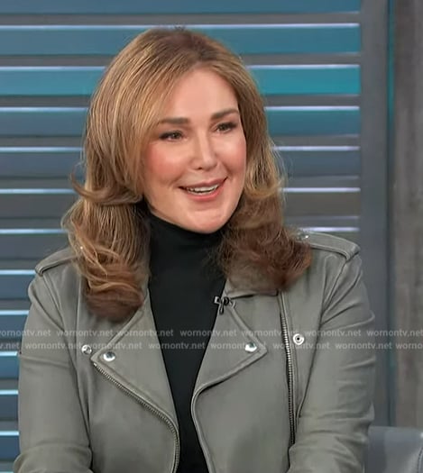 Peri Gilpin’s gray leather moto jacket on Access Hollywood