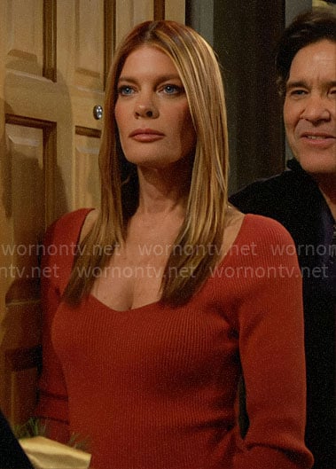 Phyllis’s rust red rib knit top on The Young and the Restless