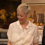 Pilar Valdes’s white contrast trim shirt on The Drew Barrymore Show