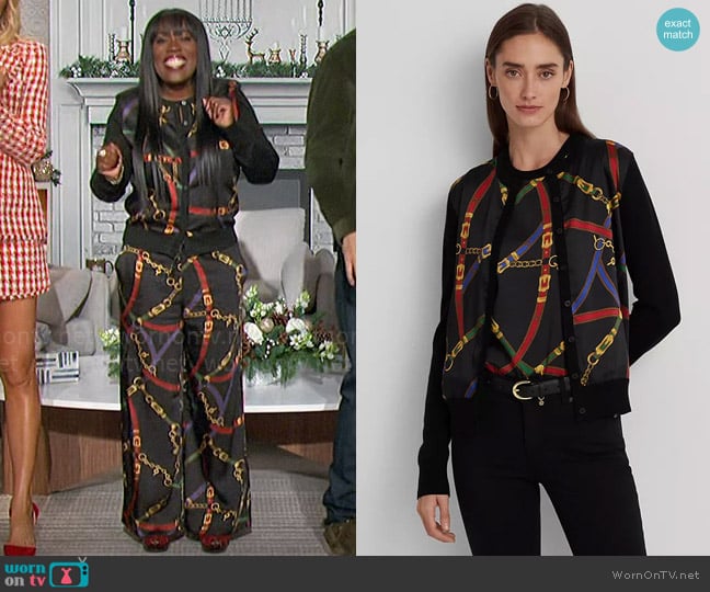 LAUREN Ralph Lauren Belting-Print Twill & Jersey Cardigan worn by Sheryl Underwood on The Talk