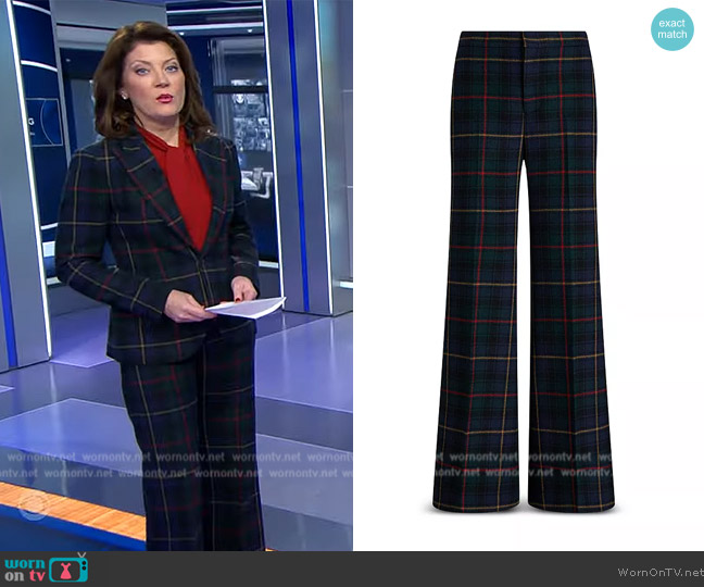 Ralph Lauren Tartan Flared Leg Pants worn by Norah O'Donnell on CBS Evening News