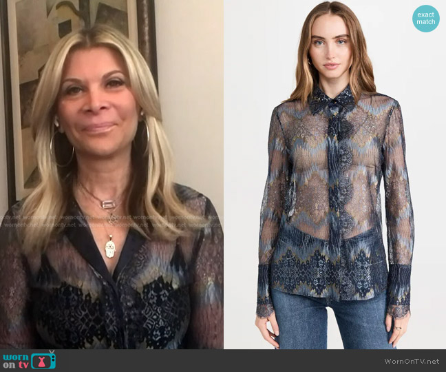 Ramy Brook Nora Blouse in Navy Lurex Chevron Lace worn by Dr. Robi Ludwig on NBC News Daily