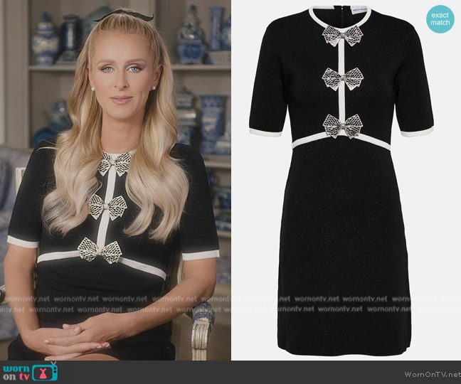 Rebecca Vallance Ella bow-embellished minidress worn by Nicky Hilton Rothschild on Paris in Love