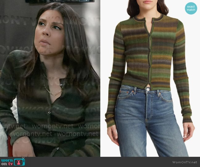 Re/Done Stripe Rib Wool Cardigan in Green Space Dye worn by Kristina Corinthos-Davis (Kate Mansi) on General Hospital