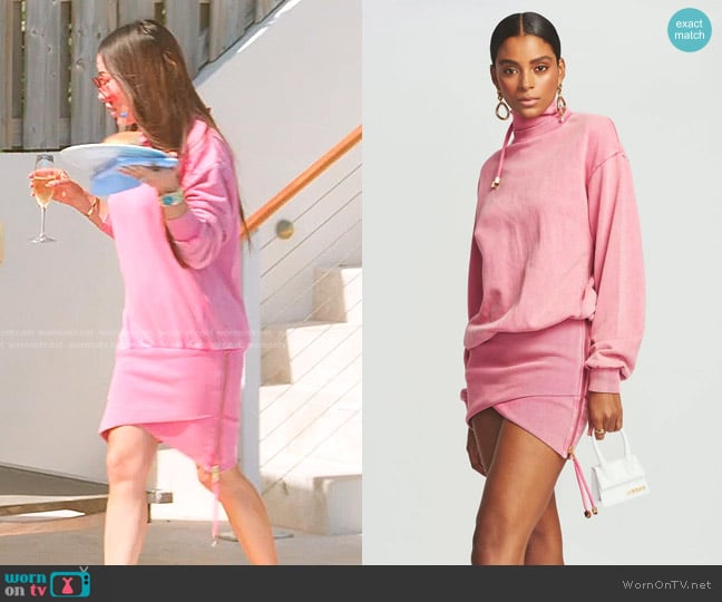 Retrofete Charlotte Terry Sweatshirt Dress in Flamingo Pink worn by Angie Katsanevas on The Real Housewives of Salt Lake City