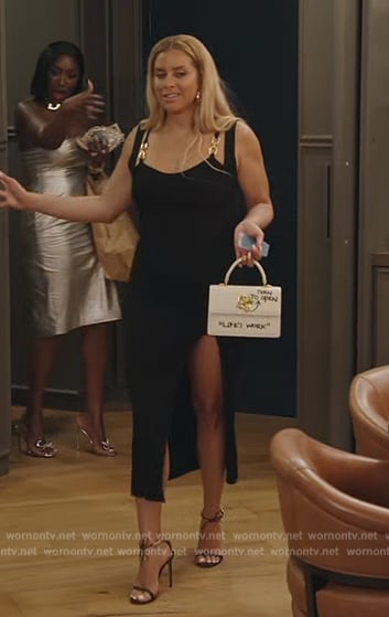 Robyn's black chain detail dress on The Real Housewives of Potomac