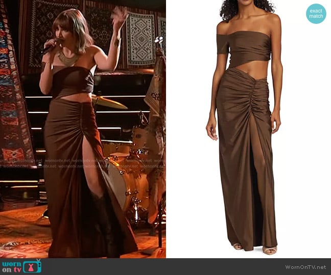 Ronny Kobo Sloane Maxi Dress in Mahogany worn by Lila Forde on The Voice