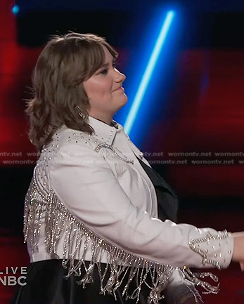 Ruby Leigh’s white embellished fringe jacket on The Voice