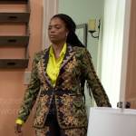 Sabrina’s black, green, and gold printed suit on Tyler Perrys Sistas