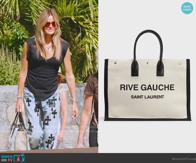 Saint Laurent Rive Gauche Linen and Leather Tote Bag worn by Kelly Killoren Bensimon on The Real Housewives Ultimate Girls Trip