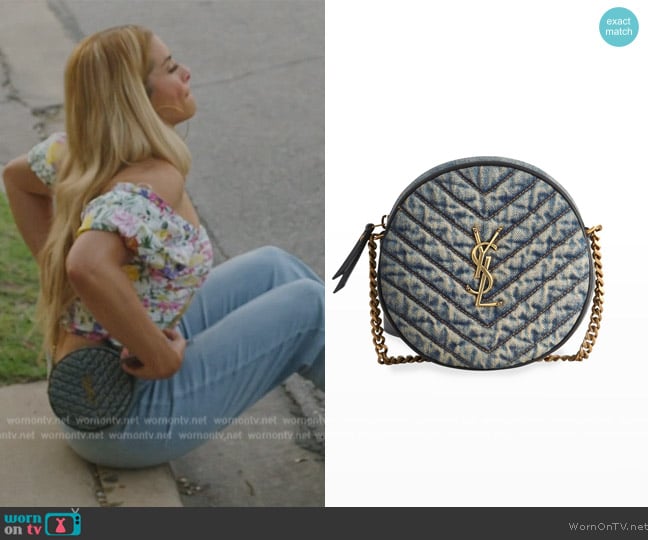 Saint Laurent Round Quilted Denim Crossbody Bag worn by Robyn Dixon on The Real Housewives of Potomac