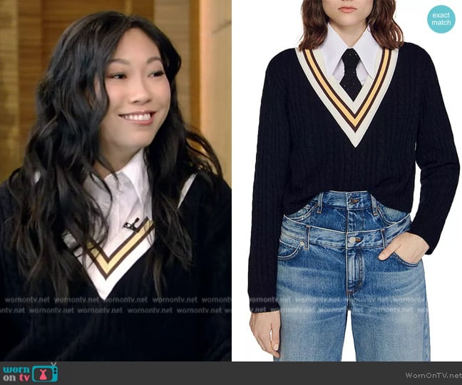 Sandro Contrast V-neck jumper worn by Awkwafina on Live with Kelly and Mark