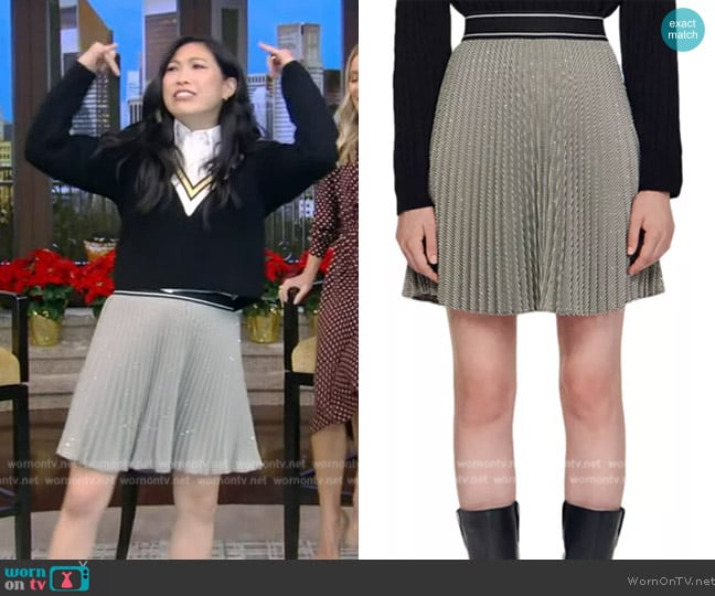 Sandro Short pleated skirt with rhinestones worn by Awkwafina on Live with Kelly and Mark