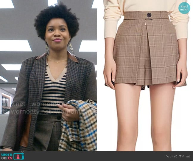 Sandro Dizzy Plaid Shorts worn by Nella Rogers (Sinclair Daniel) on The Other Black Girl