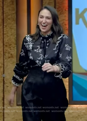 Sara Bareilles’s black floral print blouse on Live with Kelly and Mark