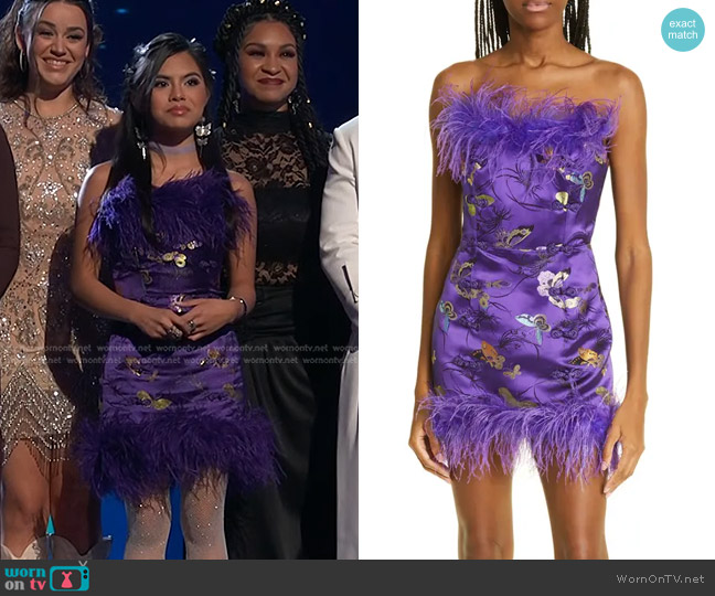 Sau Lee Jayde Feather Trim Satin Dress worn by Kaylee Shimizu on The Voice