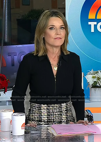 Savannah’s black half-zip sweater and plaid skirt on Today