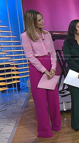 Savannah’s pink tie neck blouse and wide leg pants on Today