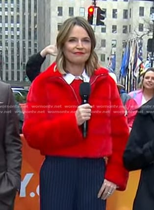 Savannah’s red fur puffer jacket on Today