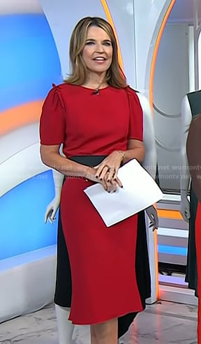 Savannah's red short sleeve top and pencil skirt on Today