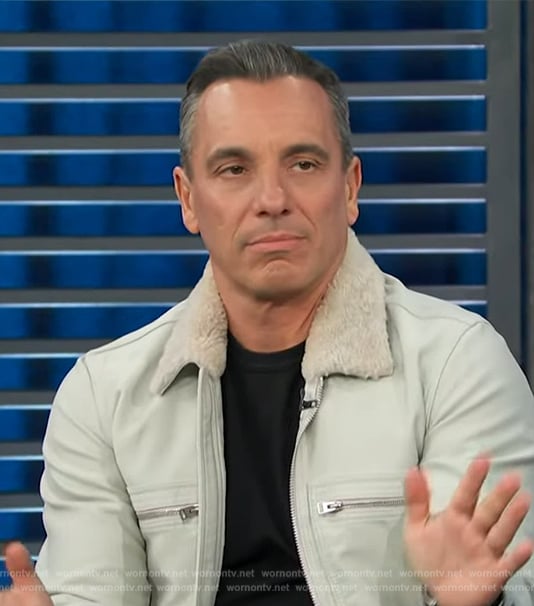 Sebastian Maniscalco’s leather jacket with shearling collar on Access Hollywood