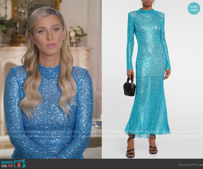 Self Portrait Beaded knit open-back maxi dress worn by Nicky Hilton Rothschild on Paris in Love