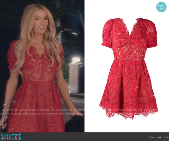 Self Portrait Crochet Trimmed Cotton Blend Lace Mini Dress worn by Paris Hilton on Paris in Love