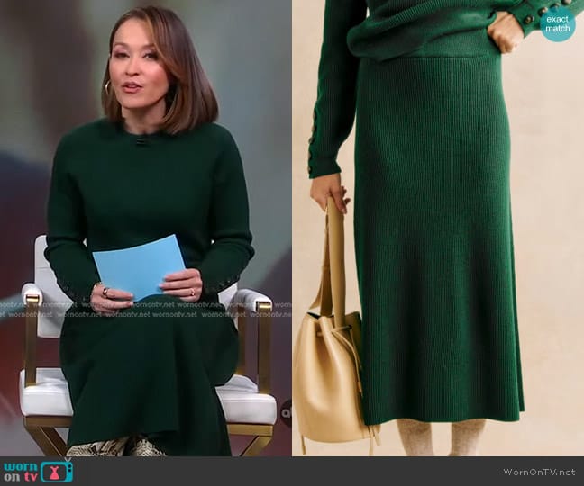 Sezane Naelle Skirt in Bottle Green worn by Eva Pilgrim on Good Morning America