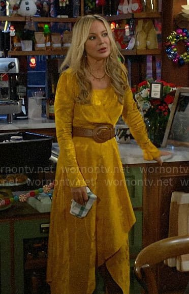 Sharon's yellow wrap dress on The Young and the Restless