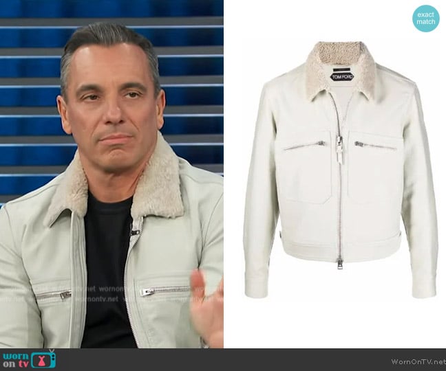 Tom Ford Shearling-collar jacket worn by Sebastian Maniscalco on Access Hollywood