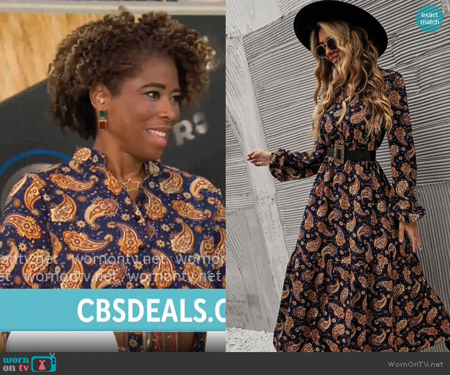 Shein Paisley Print Lantern Sleeve Shirt Dress Without Belt worn by Gayle Bass on CBS Mornings