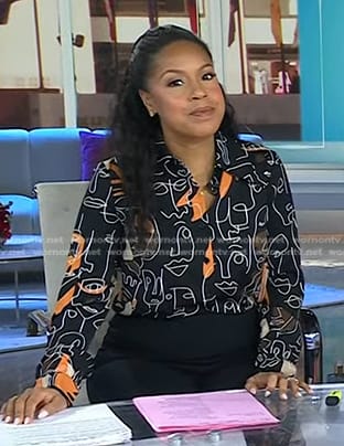 Sheinelle’s black face print blouse on Today