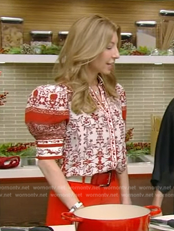 Shereen Pavlides’s printed puff sleeve top on Live with Kelly and Mark