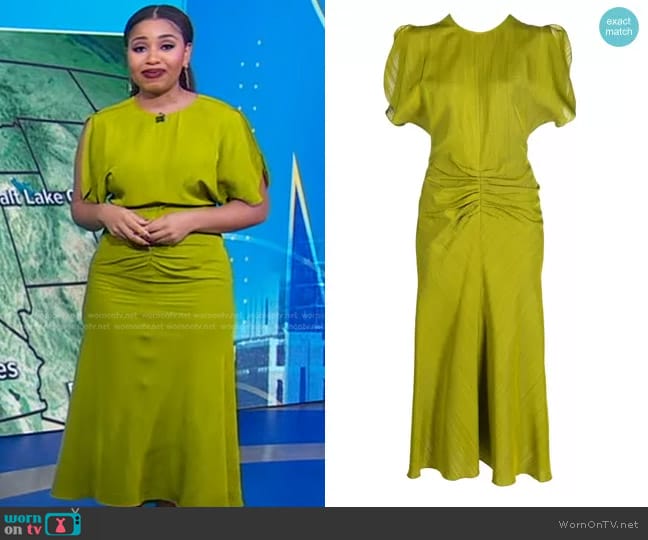 Victoria Beckham Short-Sleeve Gathered-Detail Dress worn by Somara Theodore on Good Morning America