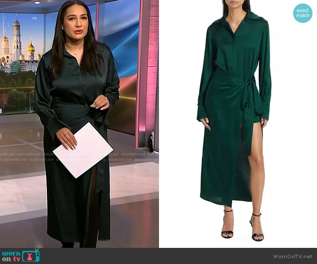 Simkhai Samba Draped Midi-Shirtdress in Emerald worn by Morgan Radford on NBC News Daily