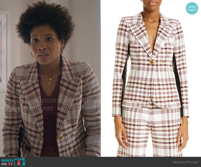 Smythe Tuxedo Stripe Single Breasted Blazer in Blush Plaid Black worn by Nella Rogers (Sinclair Daniel) on The Other Black Girl