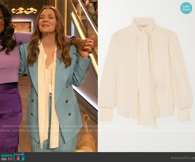 WornOnTV: Drew’s white tie neck blouse and blazer on The Drew Barrymore ...