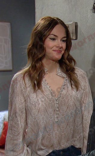 Stephanie's beige printed blouse on Days of our Lives