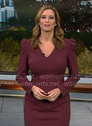 Stephanie Abrams’ burgundy v-neck long sleeve dress on CBS Mornings