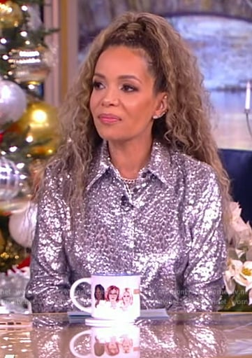 Sunny’s silver printed blouse and fringe skirt on The View