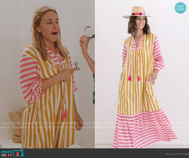 Sunshine Tienda Mustard Stripe Copa Dress worn by Sonja Morgan on The Real Housewives Ultimate Girls Trip