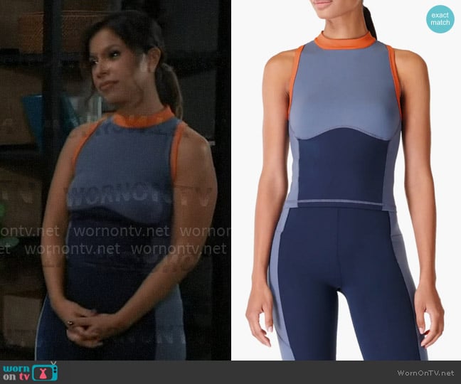 Sweaty Betty Power Colorblock Racerback Crop Tank in Endless Blue worn by Alison 'Blaze' Rogers (Jacqueline Grace Lopez) on General Hospital