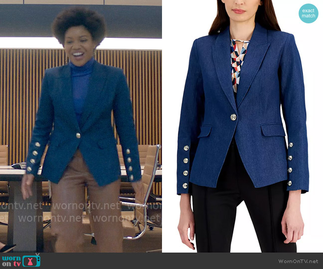 Tahari ASL Denim Single-Button Blazer worn by Nella Rogers (Sinclair Daniel) on The Other Black Girl