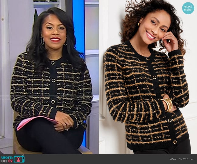 Talbots Boucle Cardigan in Plaid worn by Sheinelle Jones on Today