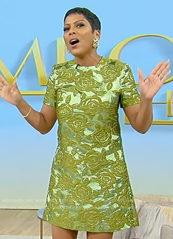 Tamron's green floral jacquard mini dress on Tamron Hall Show