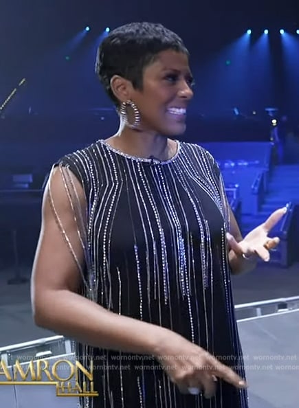 Tamron’s black crystal embellished mini dress on Tamron Hall Show